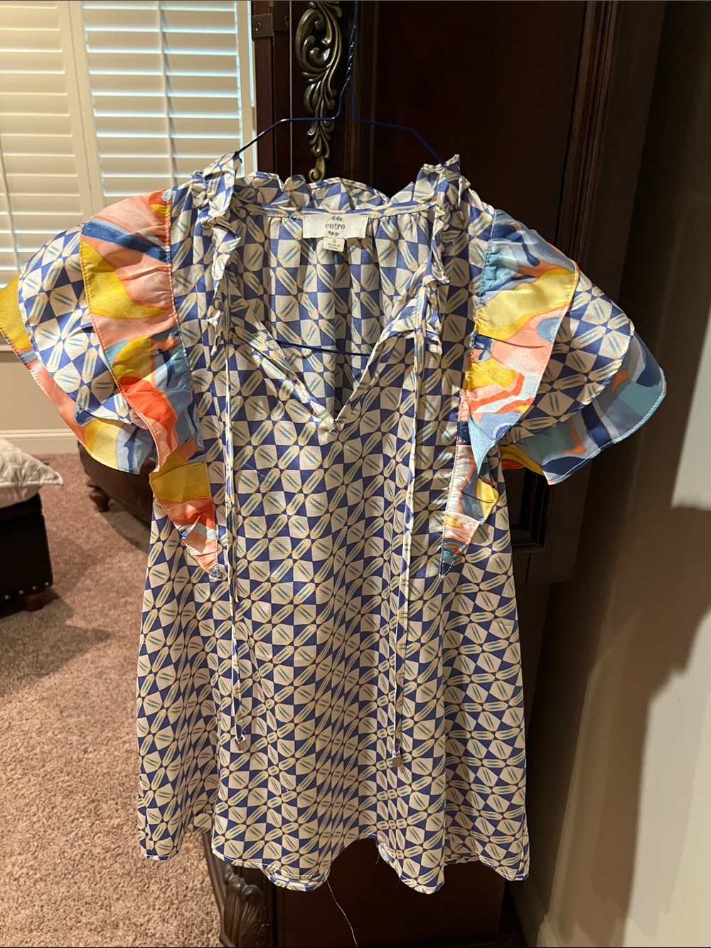 entro Blue Geometric Blouse with Multicolor Ruffle Sleeves